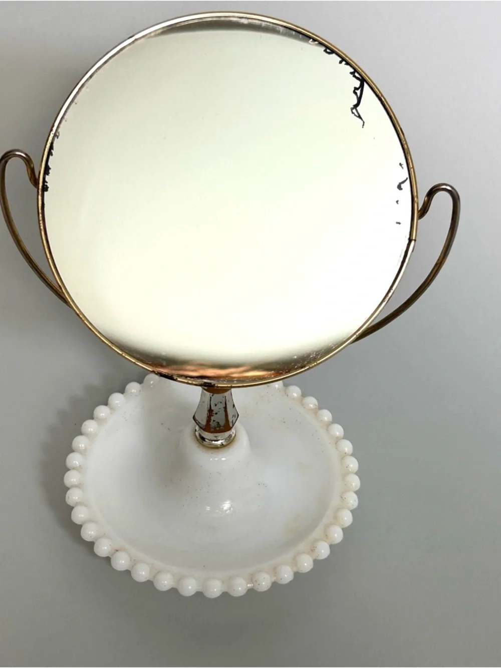 Vintage White Milk Glass Beaded Vanity Mirror with Gold Frame 1930’s